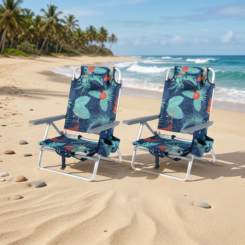 Ensemble de 2 chaises de plage inclinables et portatives avec dossier réglable à 5 positions et appui-tête rembourré doux pour la plage