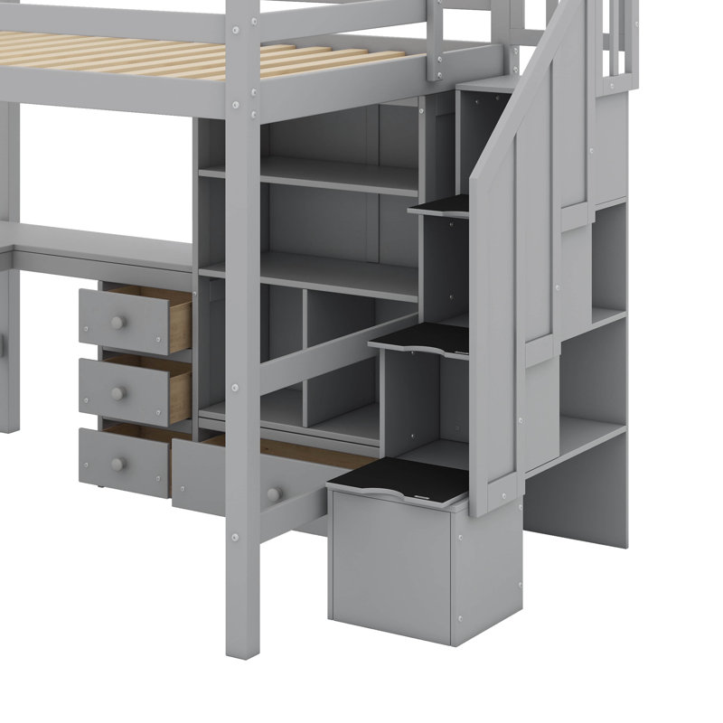 Lit mezzanine double avec bureau et tiroirs, Gris