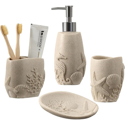 Bathroom Accessories Set, 4 PCS, Sea Bathroom Decor, Sandstone Look Beige