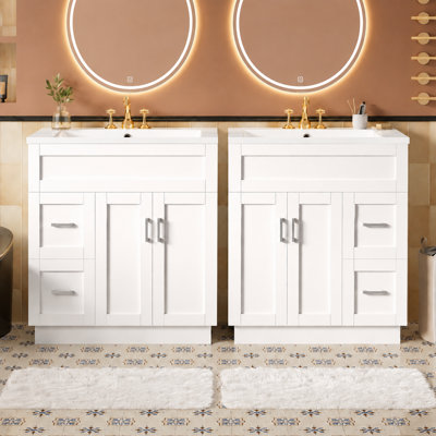 Meuble-lavabo double 60 po avec portes et tiroirs à fermeture en douceur, deux lavabos en résine Smc, tablettes réglables, meuble-lavabo double moderne avec poignées en aluminium