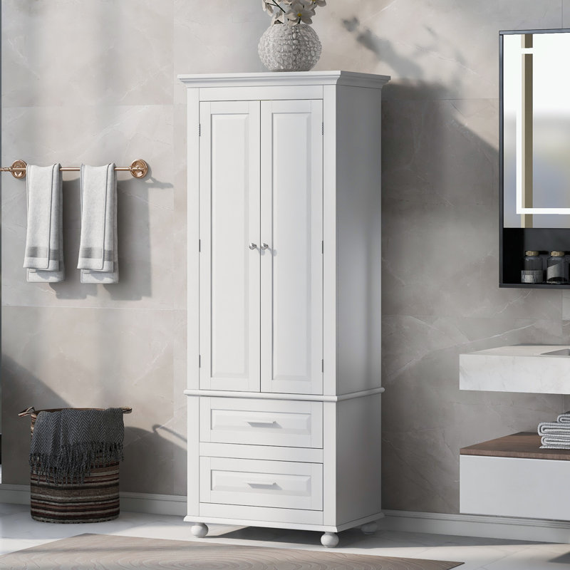 Afshah Freestanding Linen Cabinet Tall Storage Cabinet with Two Drawers, White