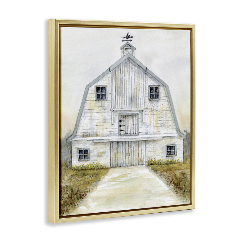 Toile flottante encadrée blanche grange blanche encadrée par Patti Bishop, Cadre flottant métallique doré, H 21 po x l 17 po
