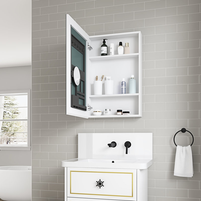 Armoire pour miroir de salle de bain 20 po x 30 po - Porte en bois, fixation murale, encastrée / en surface, ouverture à gauche, rangement pour produits d'hygiène l 20 po x H 30 po, encastrée ou en surface, solution bien rangée