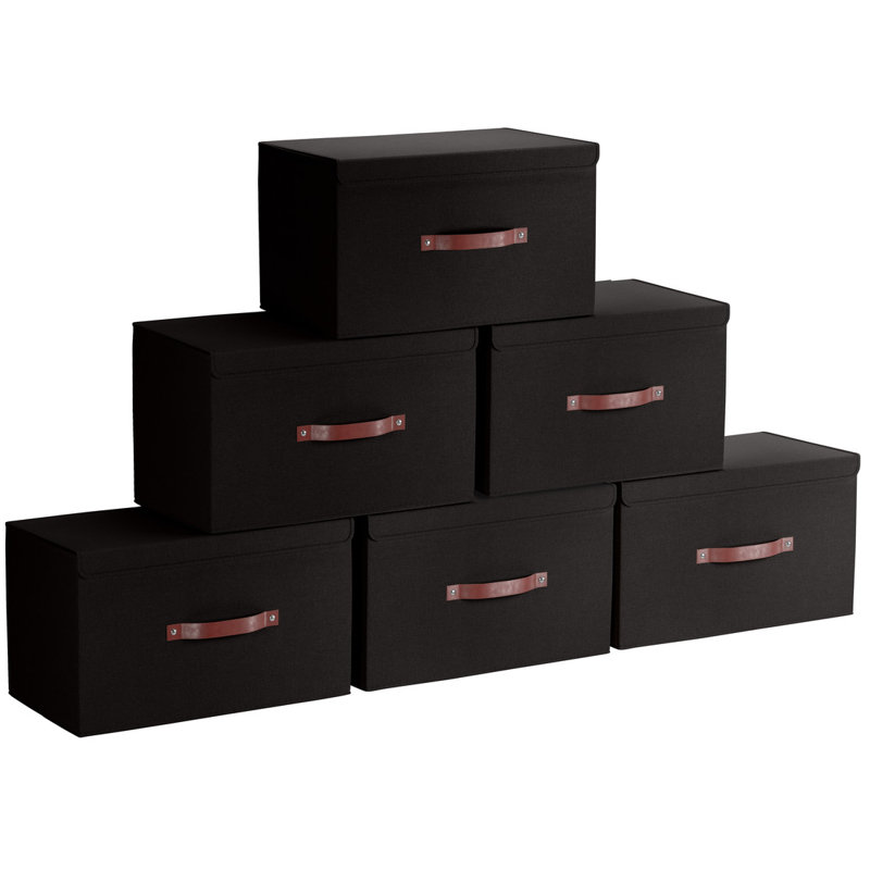 6 Pack Rectangle Storage Shelf Basket Bin with Lid and Leather Handles, 9" H x 10" W x 15" D, Black