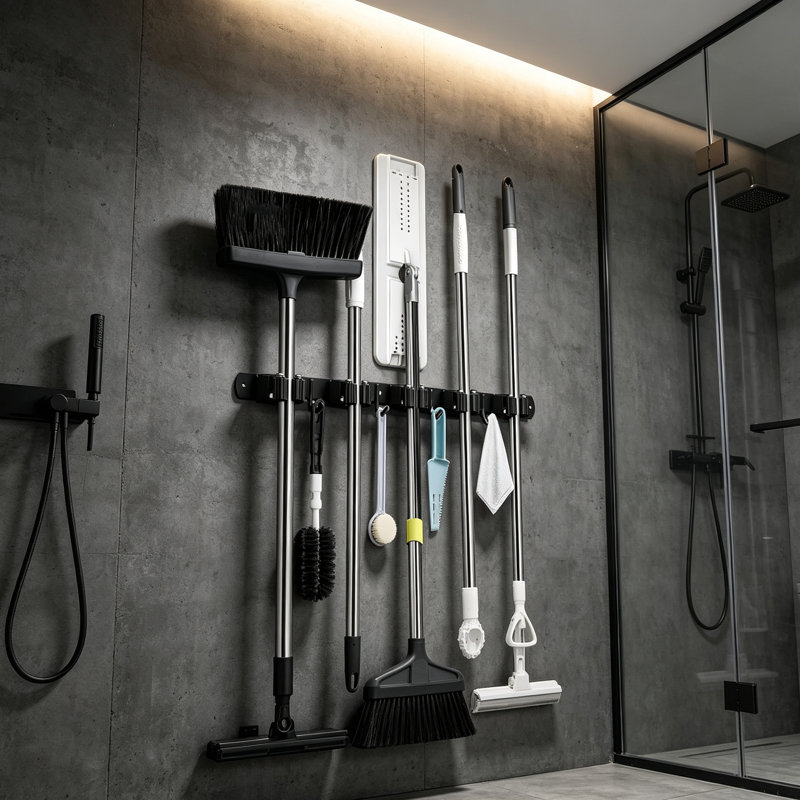 Premium Stainless Steel Broom & Mop Holder - 5 Slots, 4 Hooks Wall Mount