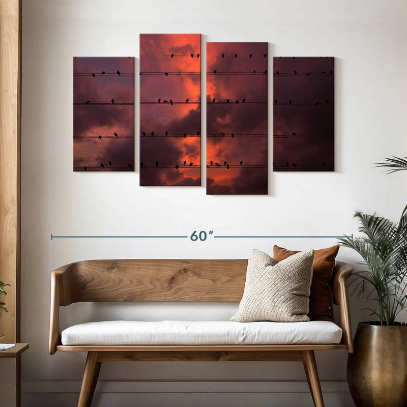 Brampt Pigeons On Wires At Sunset, 32" H x 52" W