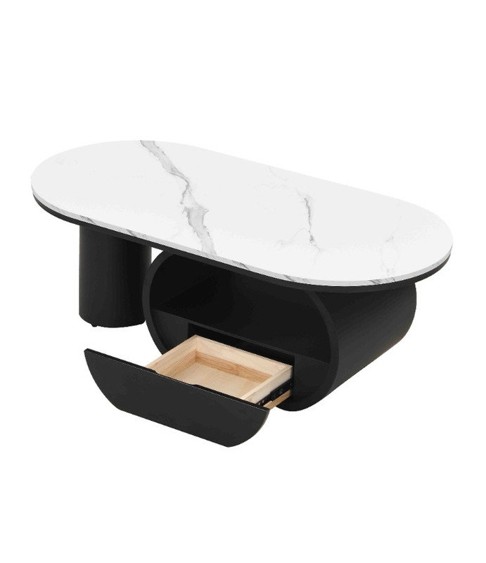 Table basse ovale luxueuse 47,24 po Luxury - plateau en faux marbre et structure en métal noir | Avec tiroir de rangement