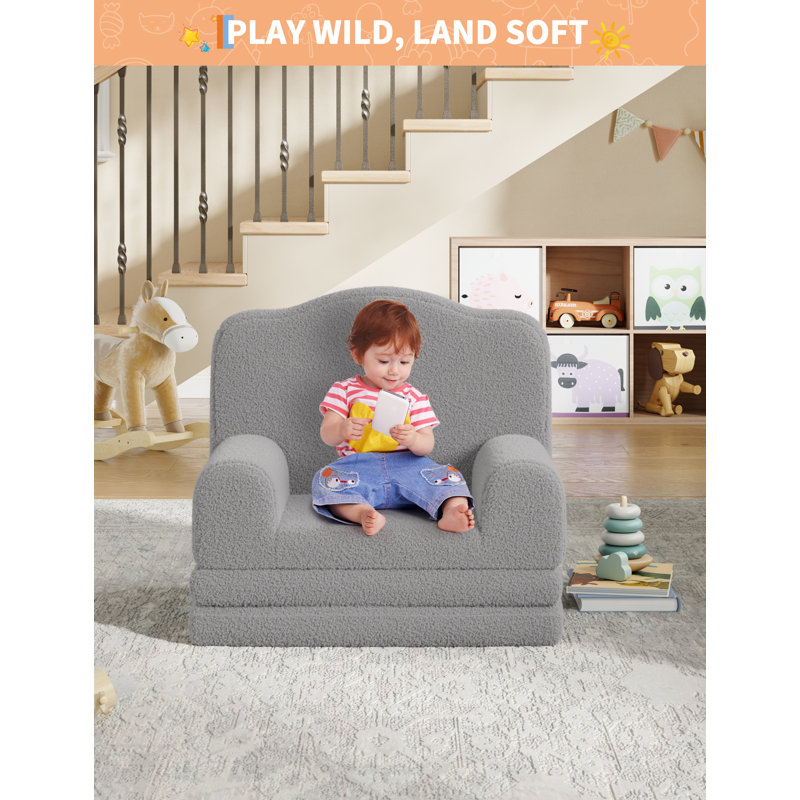 Canapé-lit pour enfant convertible en sherpa avec housse lavable, fauteuil de lecture confortable Crown Design, canapé-lit pliant, gris