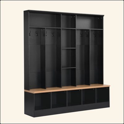Wide Design Hall Tree With Storage Bench, Minimalist Shoe Cabinet With Cube Storage & Shelves, Multifunctional Coat Rack With 8 Hooks For Entryways, Mudroom