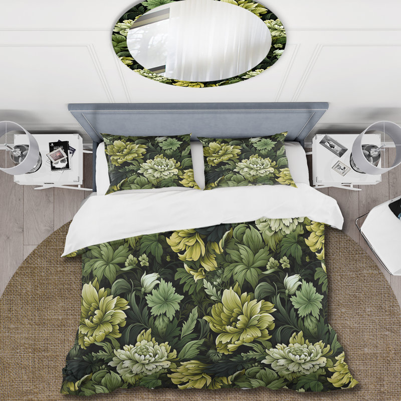 Ensemble de housse de couette damassé tropical vert jungle, Housse de couette pour très grand lit et 2 très