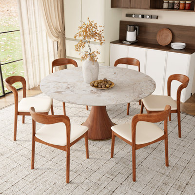 Stone Round Dining Table Set With 2/4/6 Premium Solid Wood Leather Dining Chairs