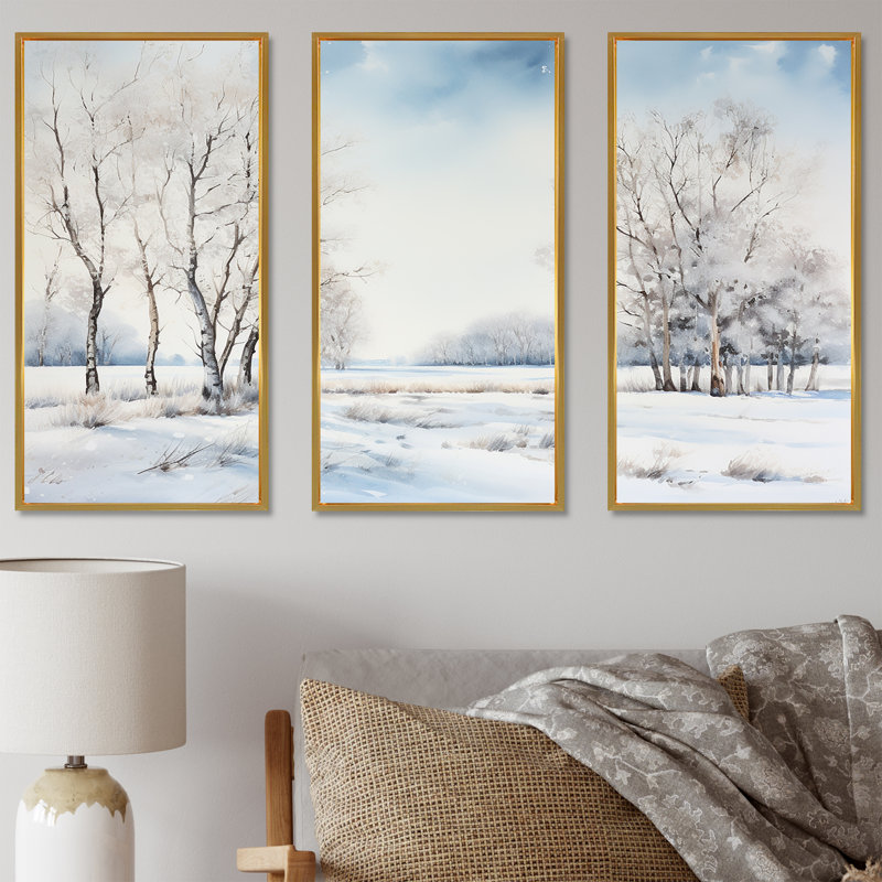 Neige, hiver, minimalisme, paysage I - ensemble d'art mural neige, Cadre flottant doré, H 32 po x l 48 po x P 1 po