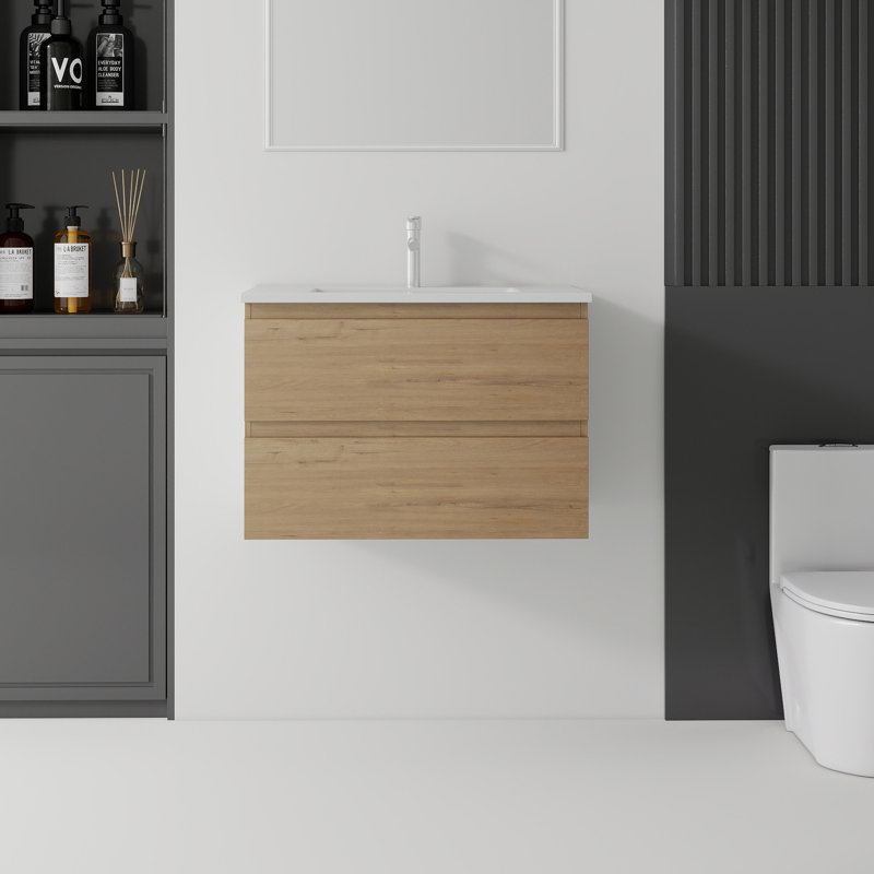 Meuble-lavabo flottant 24 po avec lavabo, porte à fermeture en douceur, lavabo en céramique, contreplaqué, Oak, 24" W