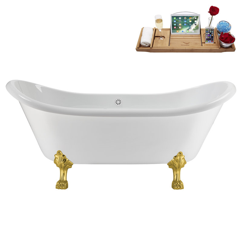 71" Streamline Clawfoot Tub,Tray,Drain and Clawfeet, Polished Gold, Glossy White