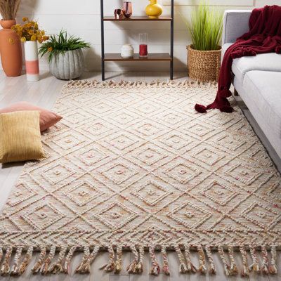Tapis en laine / coton tissé à la main Stathelle en ivoire / rouge