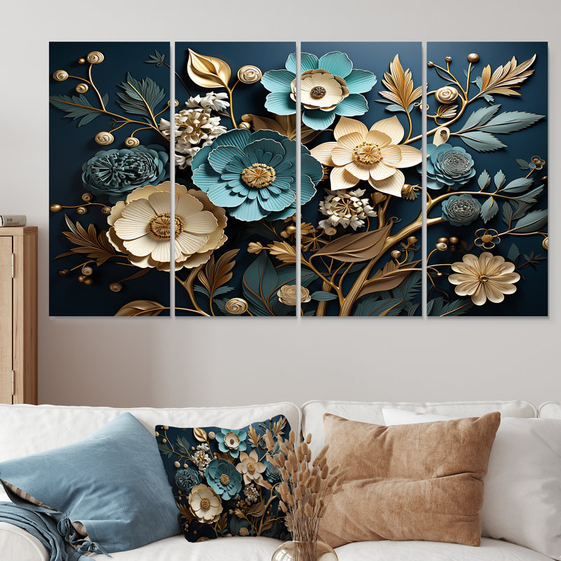«Blue and Gold Charming Spring Flower Elegance I - Flowers», art mural 4 pièces, H 28 po x l 48 po