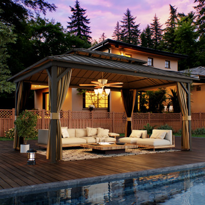 Pavillon de jardin en aluminium 12 pi x 14 pi, pavillon de jardin extérieur avec toit en acier galvanisé, rideaux d'intimité et moustiquaire pour patio, jardin et cour arrière