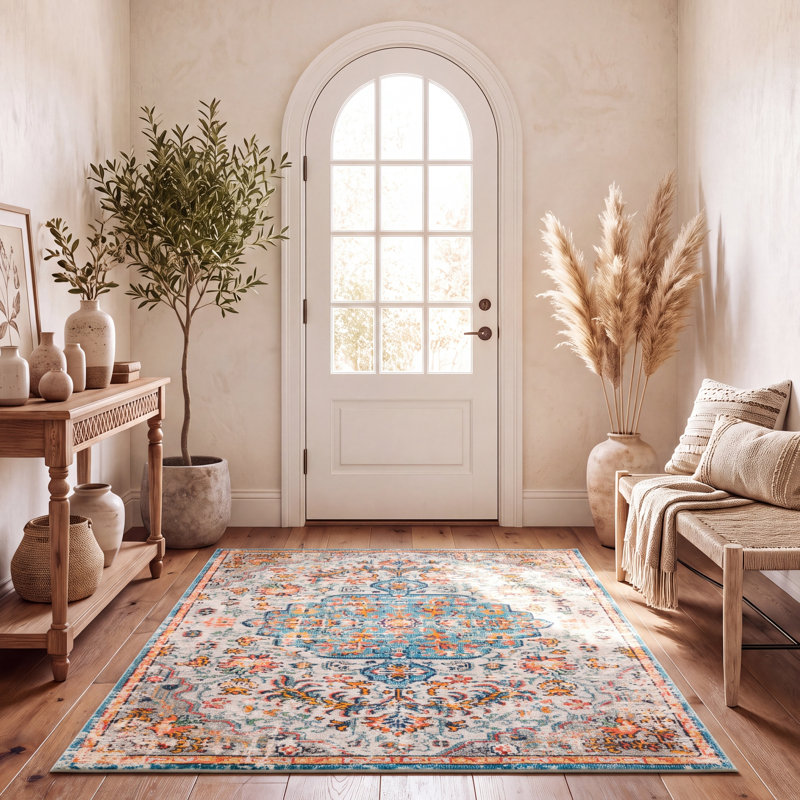 Felty Oriental Area Rug, Rectangle 5'3" x 7'6", Gray/Light Blue/Orange
