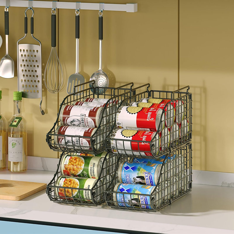 Ensemble de 4 boîtes de rangement en conserve empilables avec poignées pour la cuisine, organisateur de canettes de soda pour tablettes de garde-manger, tablette d'armoire en métal pour le rangement des canettes, distributeur de soda pliable, brevet en instance, noir