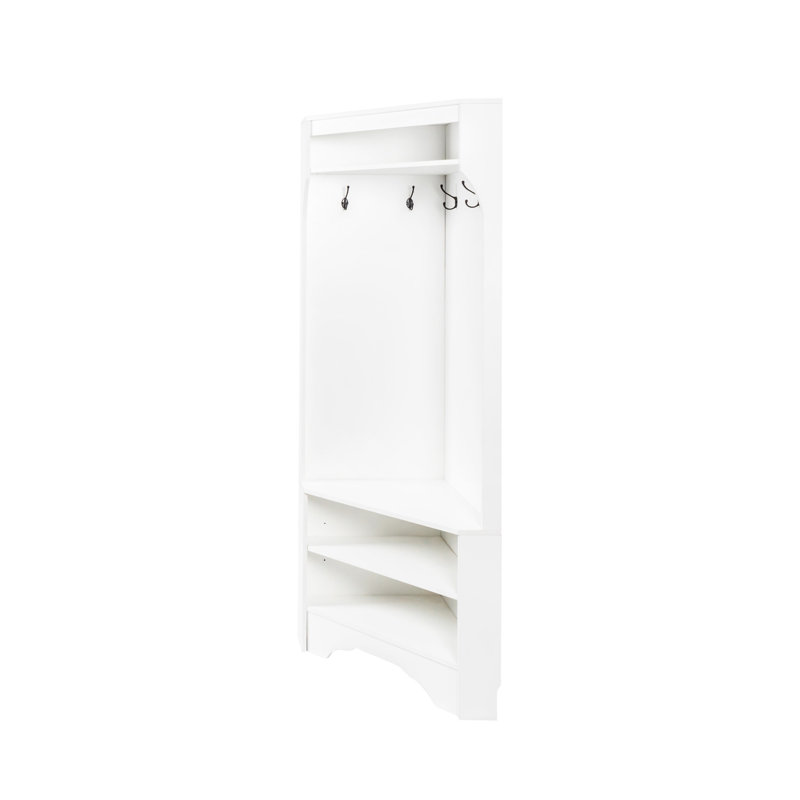 Minimalist Corner Hall Tree With Shoe Bench, Versatile Entryway Coat Rack With 4 Hooks, Corner Cabinet With Adjustable Shelf For Hallway, Living Room, White