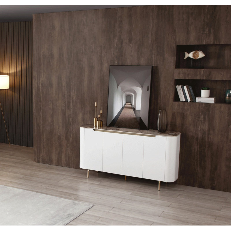 Armoire de rangement moderne Elisa blanche avec plateau et pieds champagne doré.
