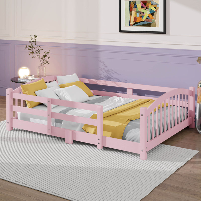Twin Size Floor Bed With Slats, Montessori Floor Bed With Fence, Wood Bed Frame For Boys, Girls, No Box Spring Needed, Twin