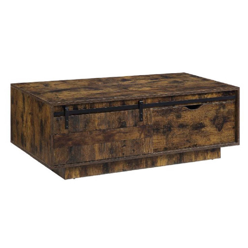 Table basse moderne rustique avec porte de grange coulissante et rangement supplémentaire en chêne de style classique