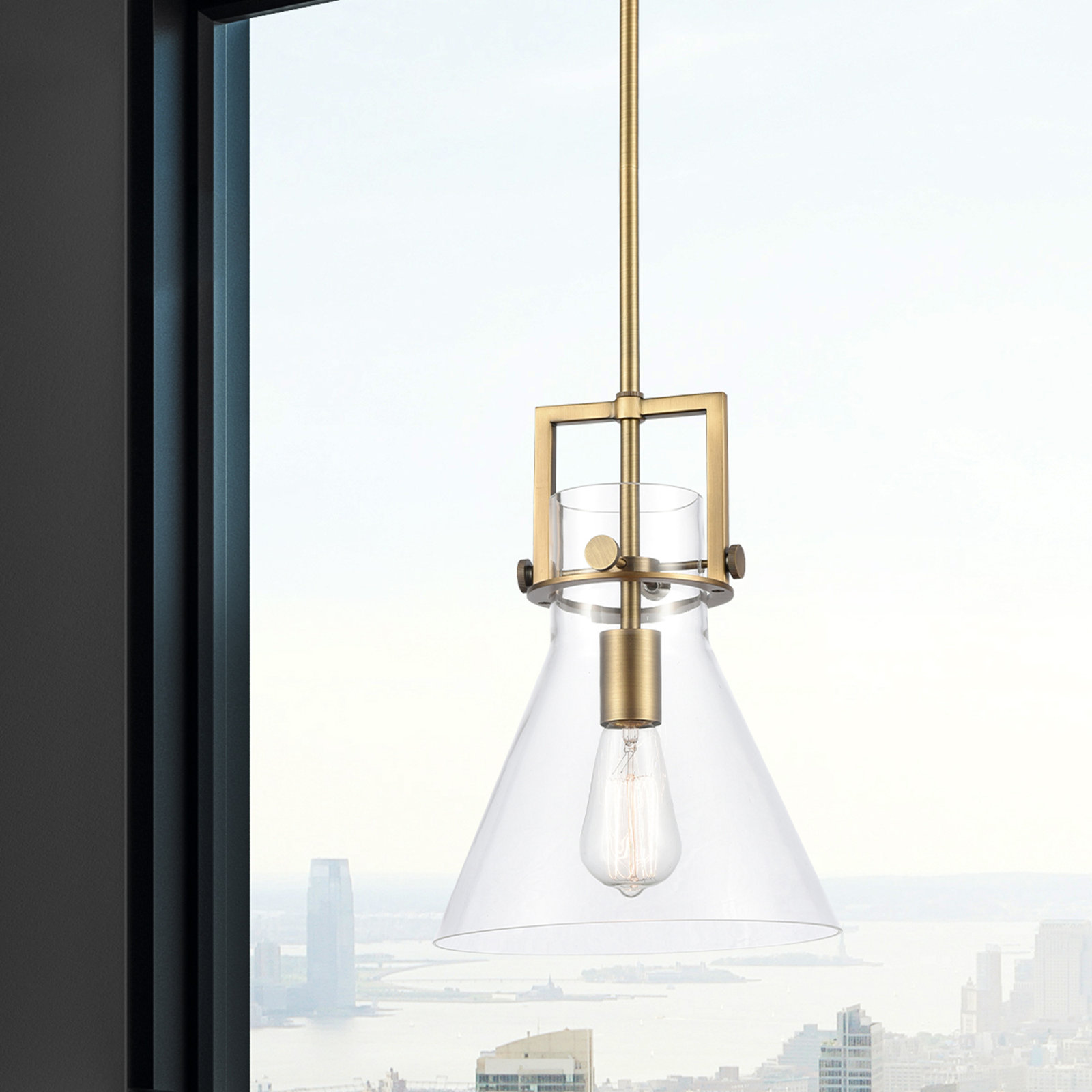 Coterie Single Light Glass Dimmable Pendant, Brushed Brass, Clear, 13.63" H x 10" W x 10" D