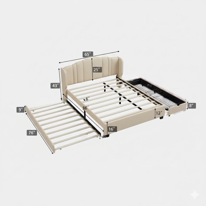 Lit plateforme tapissier avec tête de lit à oreilles, comprenant un lit gigogne simple et deux tiroirs, aucun sommier tapissier, recouvert de tissu en lin, grand lit, en beige.