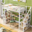 Lit mezzanine simple en métal avec escalier, bureau intégré et tablettes de rangement, blanc
