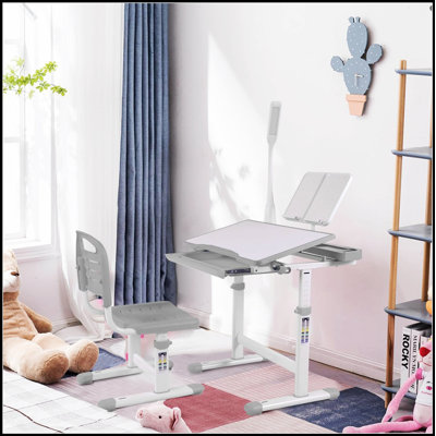 Ensemble de bureau et de chaise à hauteur réglable pour enfants avec bureau inclinable à 40 degrés, lumière DEL et bibliothèque pour l'apprentissage et la créativité