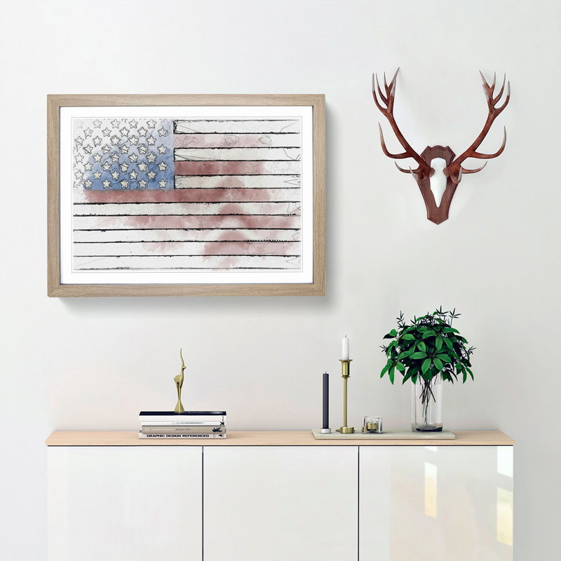 Painted American Flag in Abstract - Picture Frame Drawing Print, 36cm H x 48cm W x 2cm D, Oak Framed