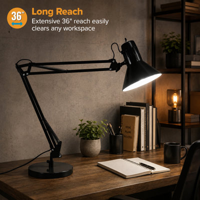 Heavy-Duty Black Swing-Arm Task Light with 36-Inch Reach, Multi-Joint Adjustment and Replaceable LED Bulb for Professional Office Use
