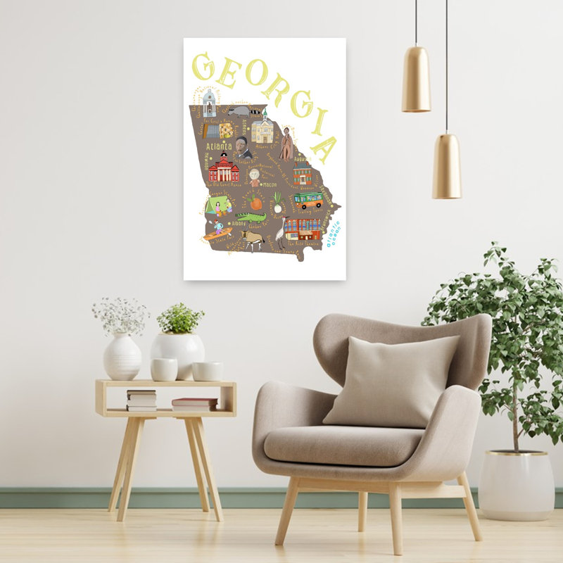 Explorez la carte de la Géorgie : architecture contemporaine d'alligators et nature (affiche murale)., H 36 po x l 24 po
