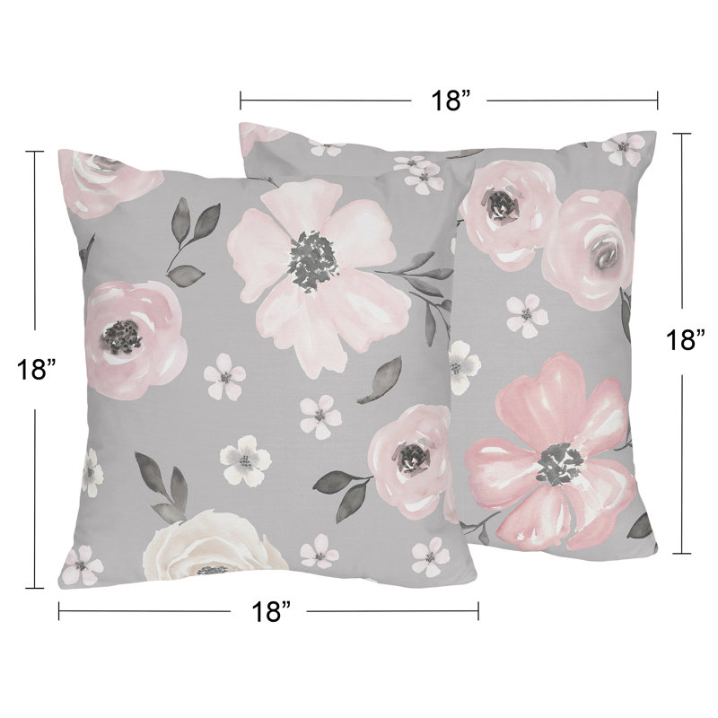 Grey and Pink Watercolor Floral Kids' Throw Pillows Set
