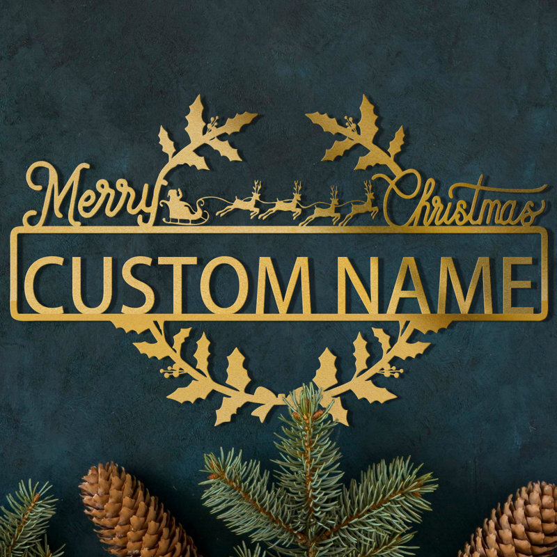 Décoration murale en métal Merry Christmas, H 7 po x l 12 po x P 0,05 po, Oui, Doré