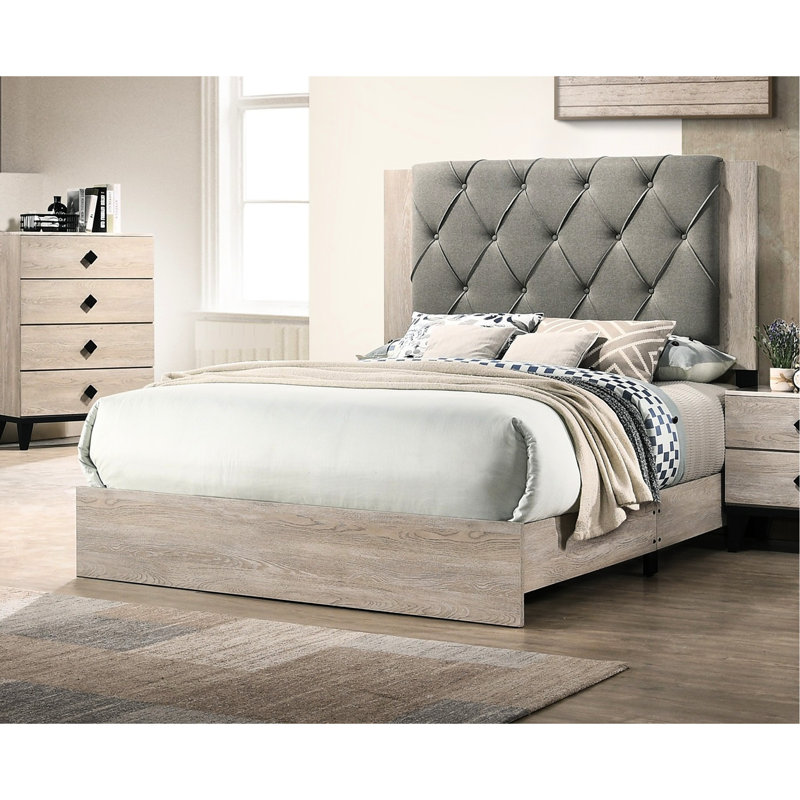 Lit très grand contemporain avec finition crème et tête de lit grise, Très grand lit, Crème/gris