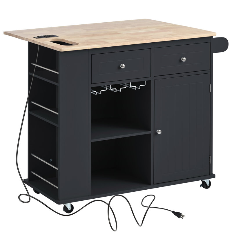 Kitchen Island with Power Outlet,Kitchen Storage Island with Drop Leaf and Rubber Wood,Open Storage and Wine Rack,5 Wheels,with Adjustable Storage for Home, Kitchen, and Dining Room