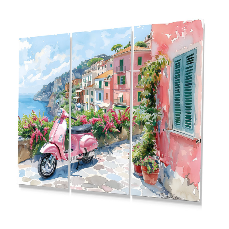Scooter rose dans un village côtier, Italie III - ensemble de décorations murales Italie, Toile tendue