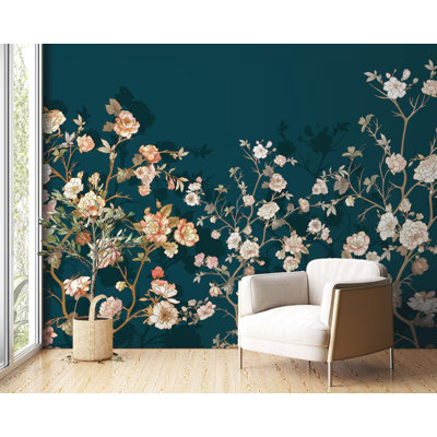 Elegant Dark Teal Floral Branch Wallpaper Wall Mural