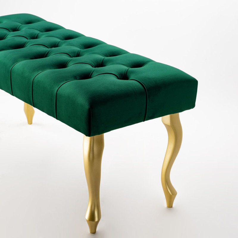Jerez Velvet Upholstered Bench, H40 x W100 x D30cm, Green/Gold