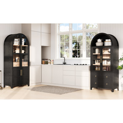 Armoire arquée de 71 po de hauteur pour la cuisine et la salle à manger, avec 4 tablettes de porte, anneaux de tiroirs ronds réglables en métal cachés, garde-manger haut noir à grain de bois - rangement interne, 2 fonctions de basculement,