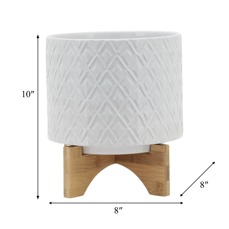 Gillett Modern Ceramic Planter with Wooden Stand - Stylish Textured Design, Contemporary Home Decor Accent, Durable Stoneware Construction, Sleek and Minimalist Look for Indoor Spaces