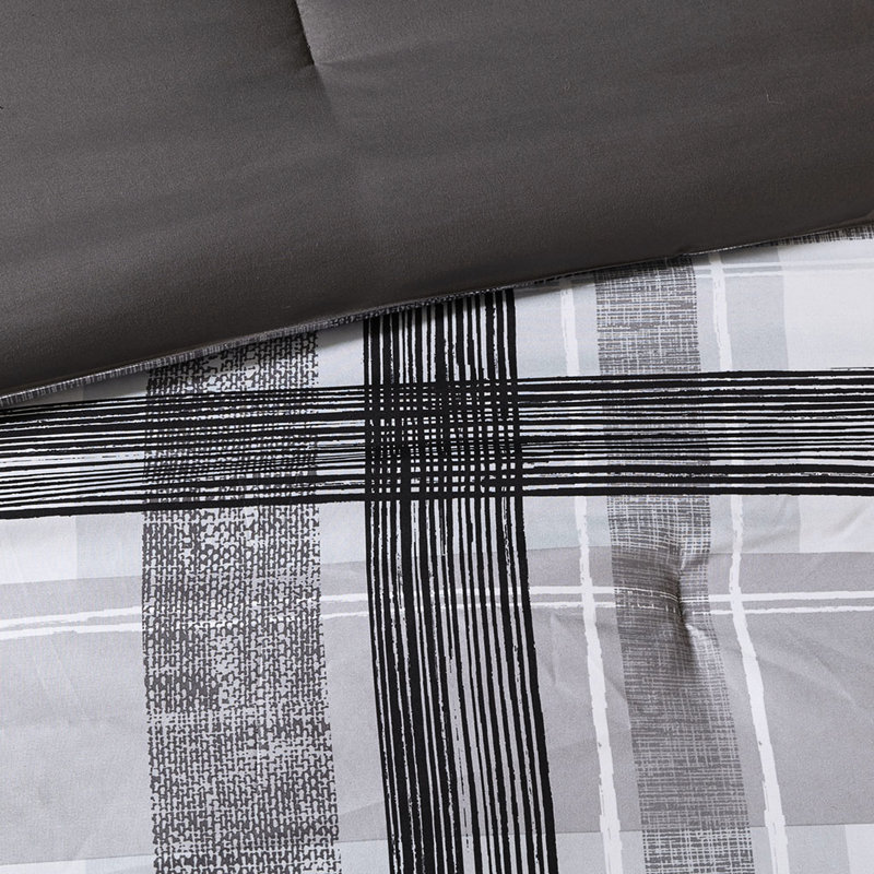 Lit simple / simple Xl Plaid Bedding - Édredon moderne noir et gris avec 2 taies décoratives