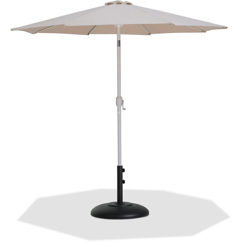 Parasol de patio en tissu / aluminium avec base Chavelle, Blanc, Beige