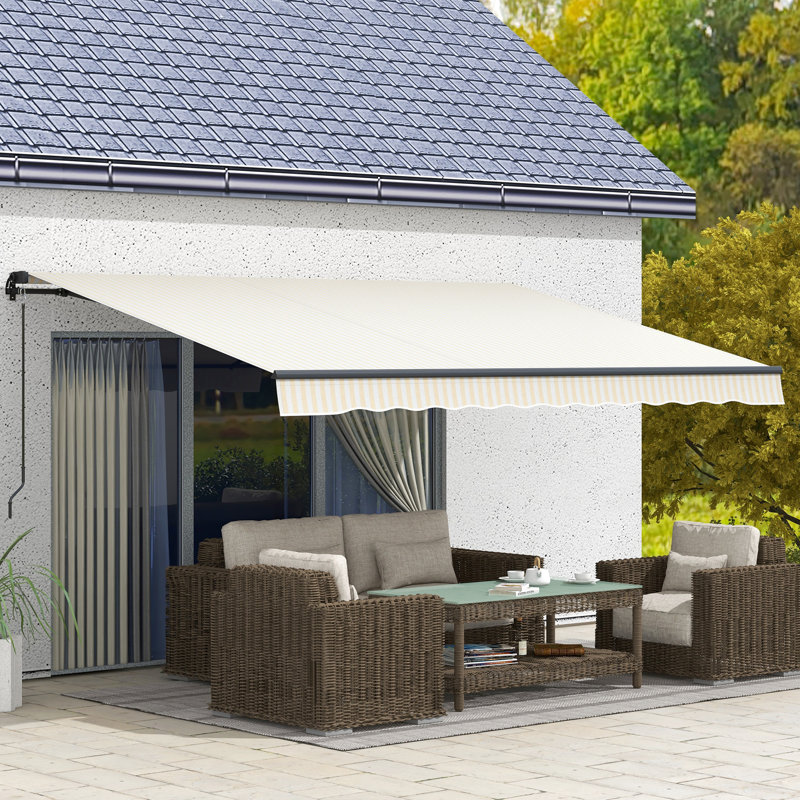 Auvent de patio avec manivelle manuelle, beige et blanc, 13 pi x 10 pi, pont en tissu 280 g / m², rétractable, blanc