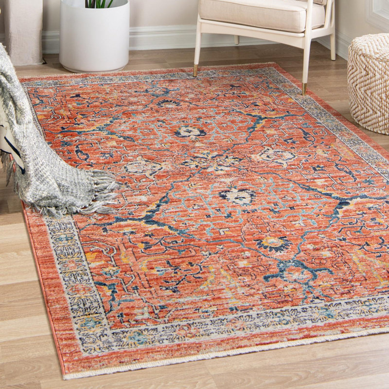 Tapis rouge brique à motif floral Alkire, Rectangle 5 pi 3 po x 8 pi