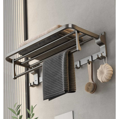 23.6" Foldable Bathroom Towel Rack Wall Mounted With Towel Bar & Hooks, Modern Gray Towel Shelf Organizer For Lavatory