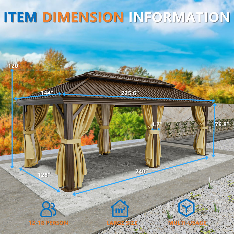 20 Ft. W x 12 Ft. D Metal Hardtop Gazebo Aluminum Gazebo with Galvanized Steel Double Roof, Brown