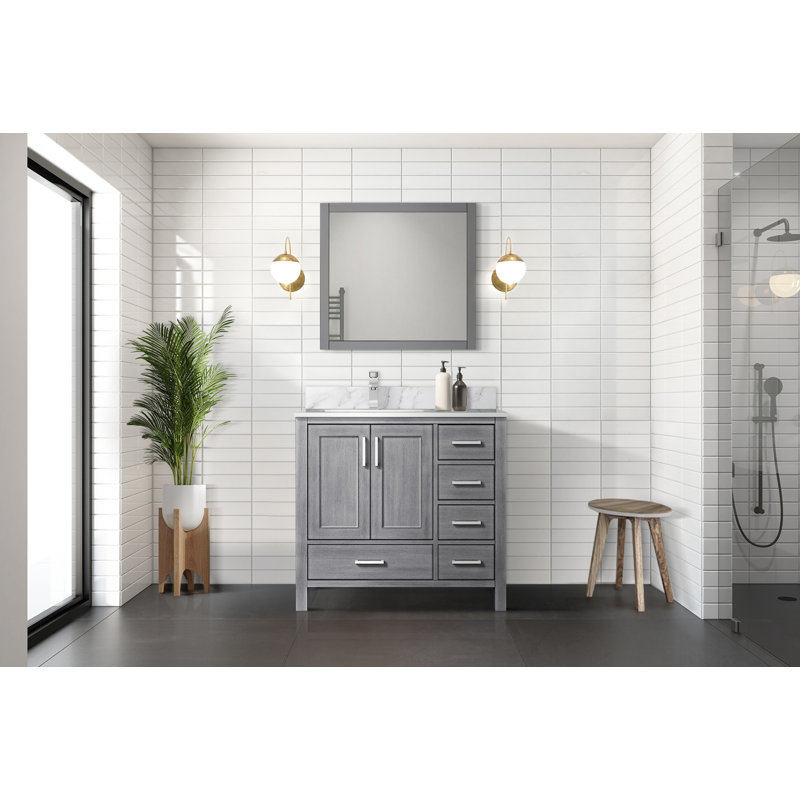 Jacques 36 in. W x 22 in. D Left Offset Bath Vanity, Carrara Marble Top, and 34 in. Mirror, Distressed Grey